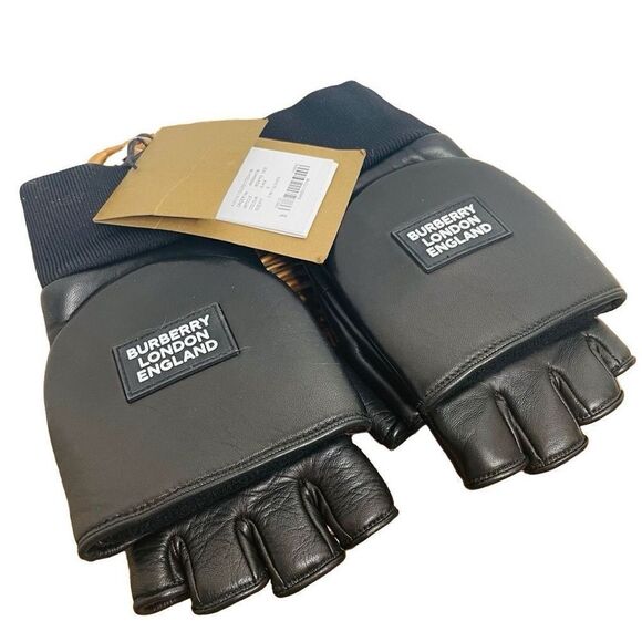 NEW Burberry 3-in-1 Lambskin Leather Gloves Mittens Flap Winter Warm Black Pair